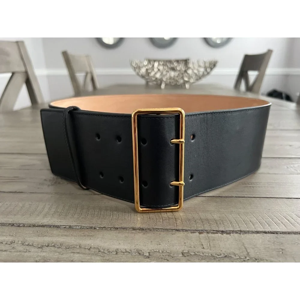 Alexander McQueen Black Leather Wide Belt with Gold Buckle